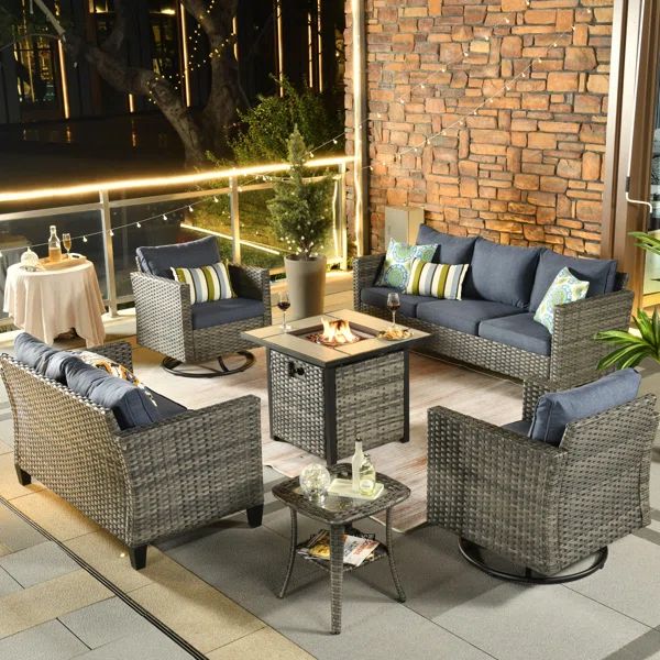 Lovall Rattan Wicker 7 - Person Seating Group with Fire Pit and Cushions | Wayfair North America