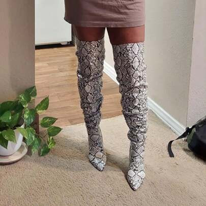 Women's Shoes Snakeskin Boots Knee High Boots Women Sexy Stunning And Stylish Exquisite Pointed Toe Fine High Heels Pleated | SHEIN