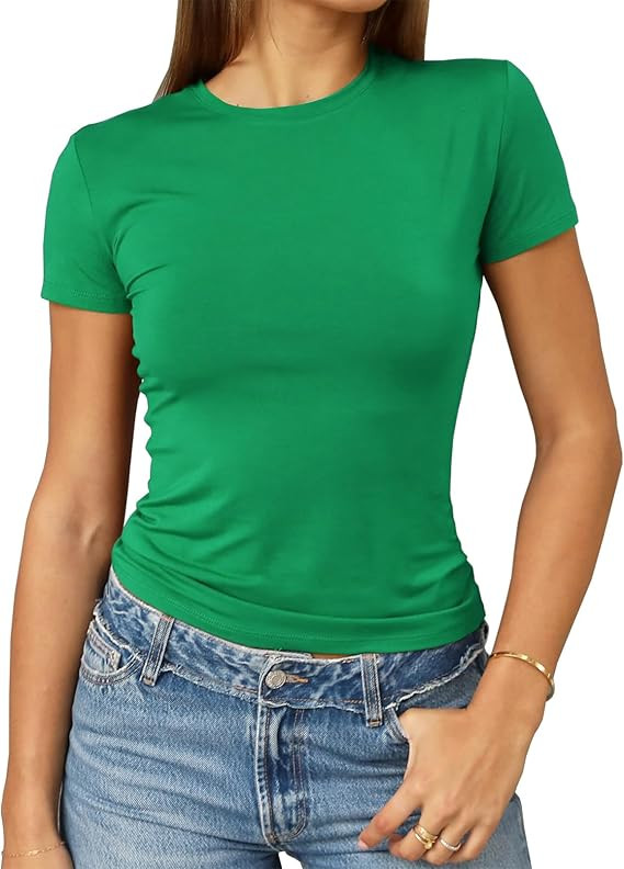 Abardsion Women's Casual Basic Going Out Crop Tops Slim Fit Short Sleeve Crew Neck Tight T Shirts... | Amazon (US)