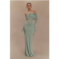 Kaitlin One Shoulder Slinky And Mesh Maxi Dress - Basil | MESHKI US