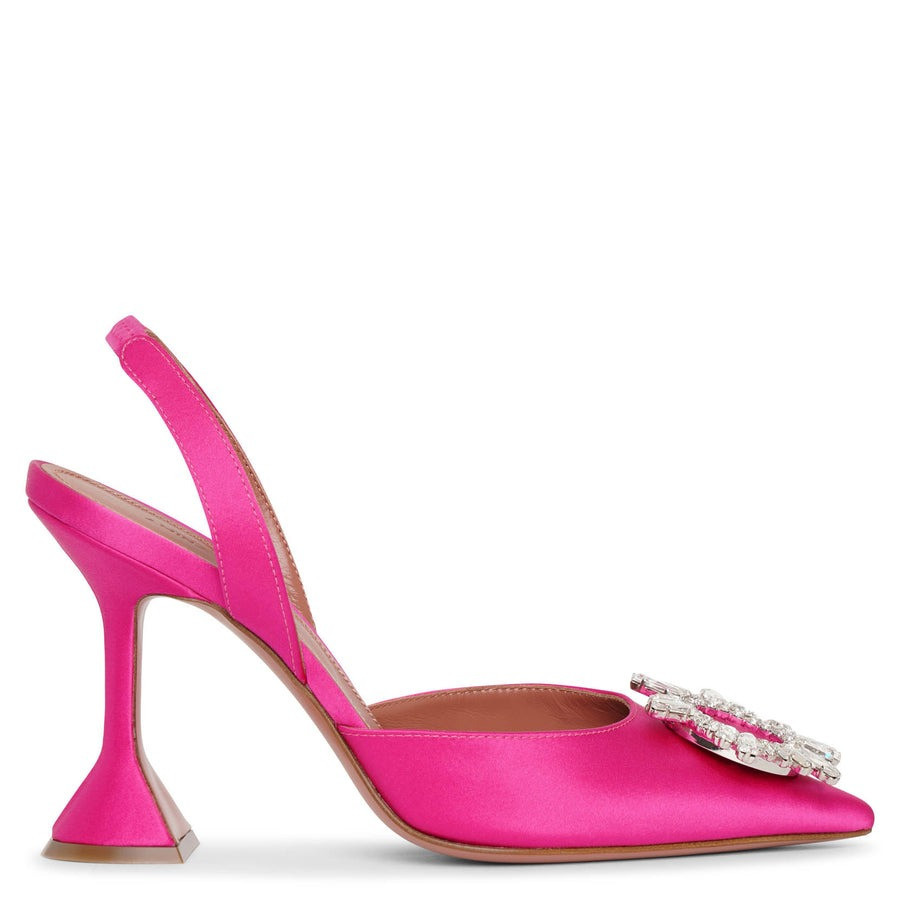 Amina Muaddi Ladies Satin Fluo Pink Begum Embellished Slingback Pumps | Jomashop.com & JomaDeals.com