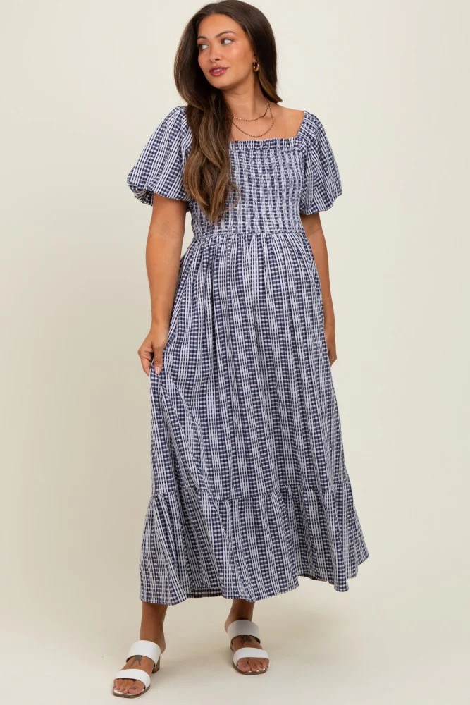 Navy Gingham Smocked Puff Sleeve Maternity Midi Dress | PinkBlush Maternity