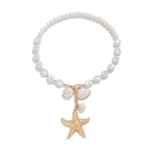 Bohemian Beach Charm Necklace for Women Imitation Pearl Gold Plated Layered Sequins Conch Starfish Shell Choker Stacked Beach Jewelry Holiday Summer Beaded Necklace Set Gifts-G | Amazon (US)