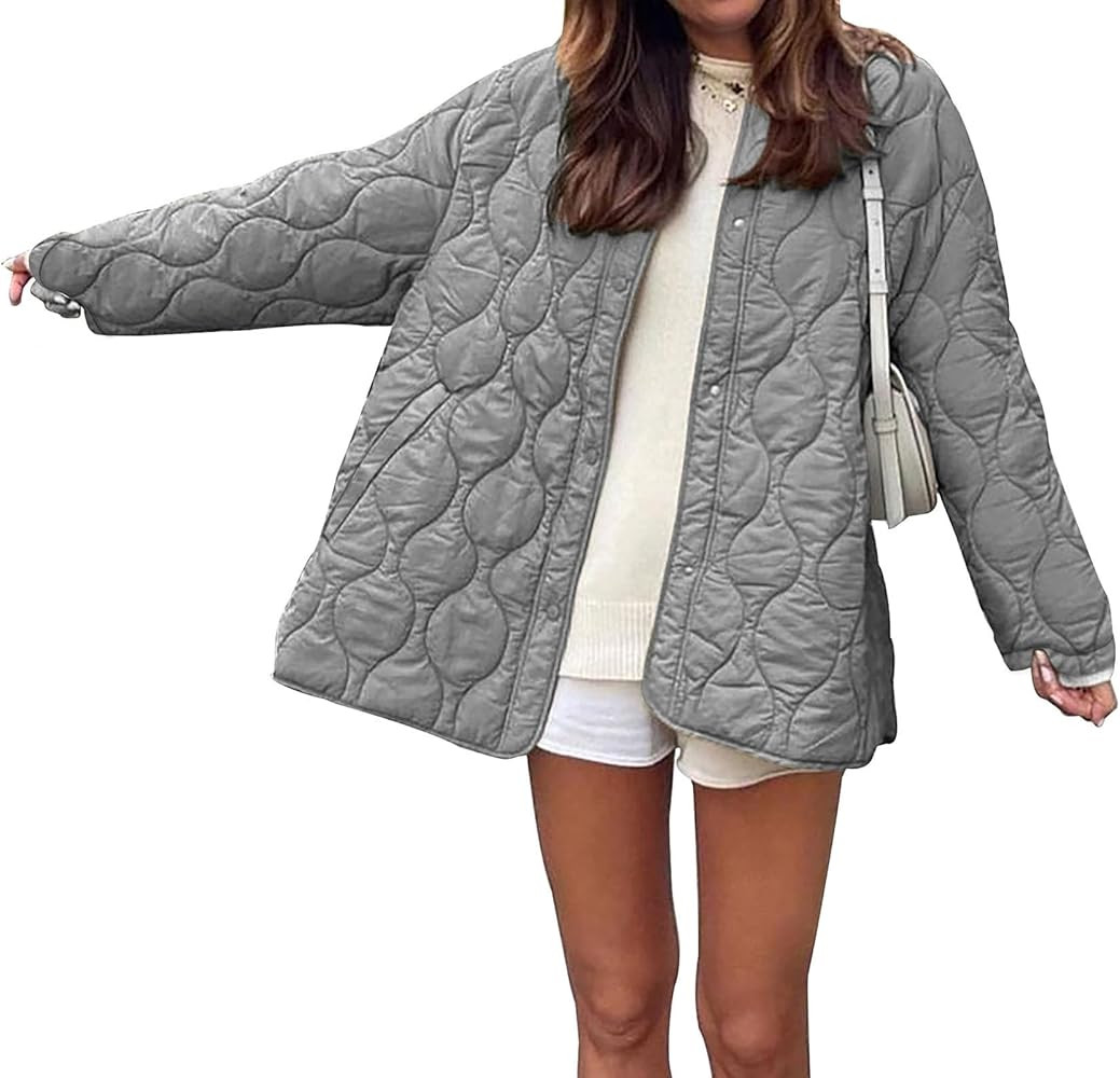PRETTYGARDEN Women's Fall Fashion 2023 Quilted Bomber Jacket Casual Oversized Button Down Coat Ou... | Amazon (US)