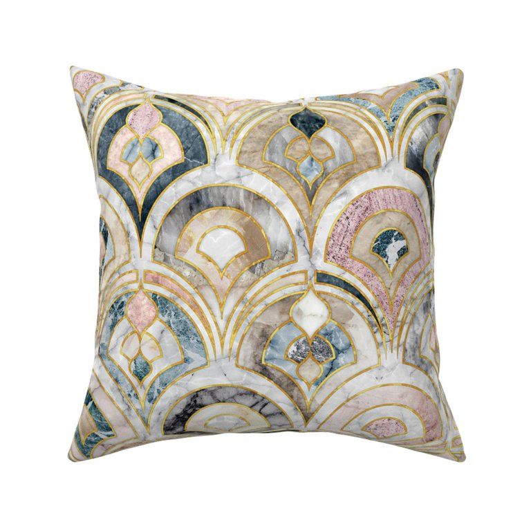 Square Throw Pillow, 18", Linen Cotton Canvas - Marble Art Deco Tiles Soft Pastels Pink Gray Gold... | Walmart (US)
