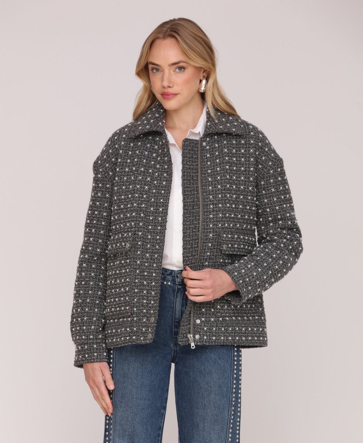 Avec Les Filles Women's Embellished Aviator Jacket - Grey Pearl | Macy's