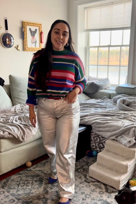 Would you wear metallic pants to work? I did! How fun are these target jeans? 

I’m wearing a size 8 in these jeans. And a medium in sweater for a more oversized look! 

Cashmere cardigan 
Color 


#LTKworkwear #LTKSeasonal #LTKstyletip