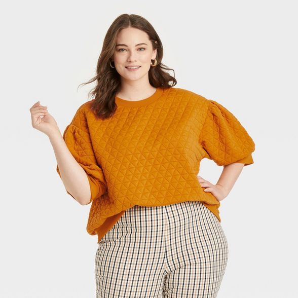 Women&#39;s Plus Size 3/4 Sleeve Quilted Pullover Sweatshirt - A New Day&#8482; Orange 3X | Target