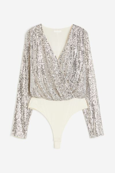 Sequined Bodysuit - Light beige/silver-colored - Ladies | H&M US | H&M (US + CA)