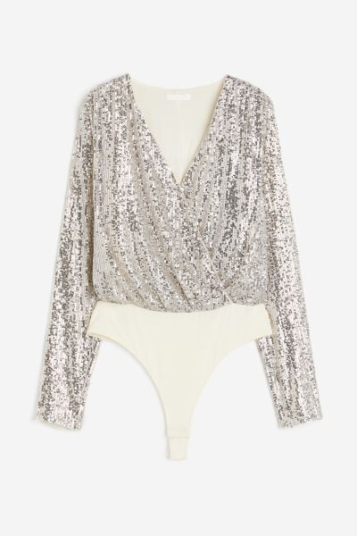 Sequined Bodysuit - Light beige/silver-colored - Ladies | H&M US | H&M (US + CA)