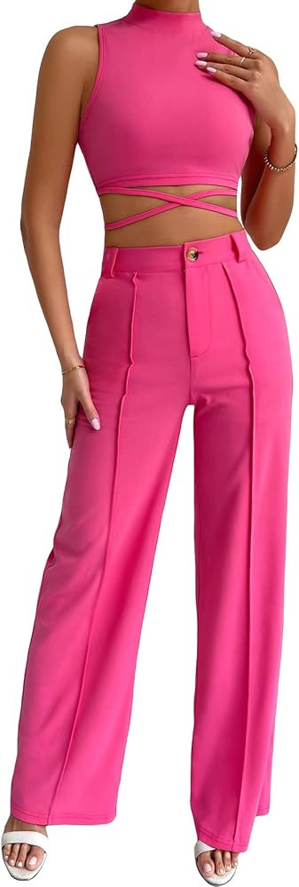 MakeMeChic Women's 2 Piece Outfits Mock Neck Criss Cross Crop Tank Top and Wide Leg Pants Set | Amazon (US)