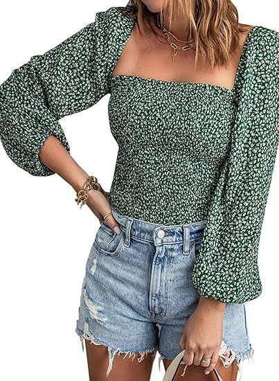 EVALESS Blouses for Women Puff Long Sleeve Square Neck Tops Off The Shoulder Floral Ladies Tops a... | Amazon (US)