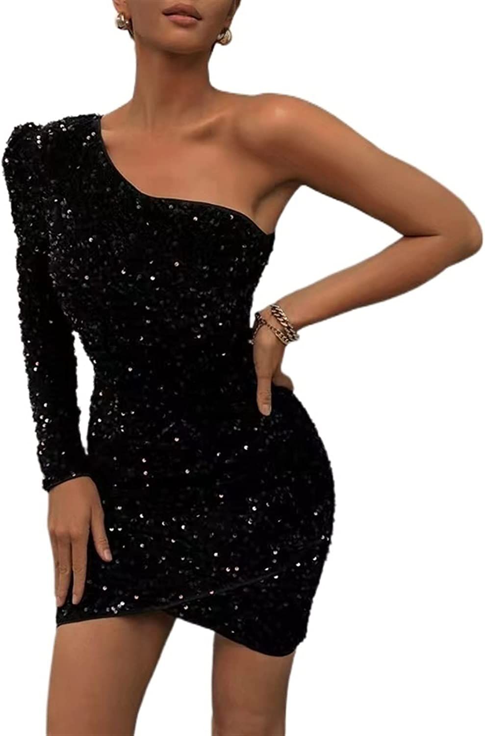 Women's Sexy one Shoulder Short Skirt, Long Sleeve Sequin Dress, Tight hot Girls' arm Wrapped Ski... | Amazon (US)