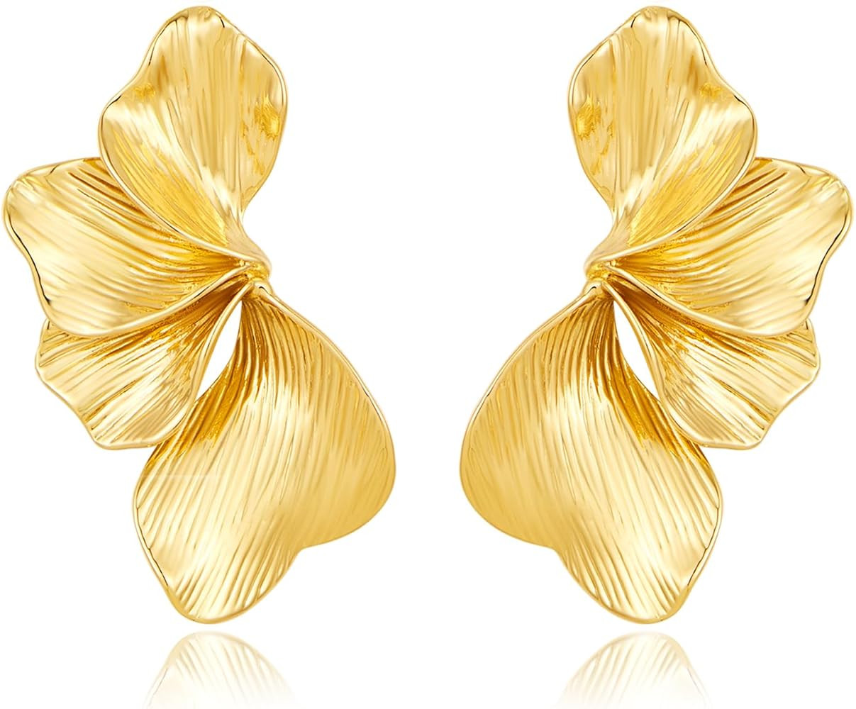 Statement Flower Studs Earrings for Women Gold Plated Flower Drop Earring Textured Chunky Floral ... | Amazon (US)