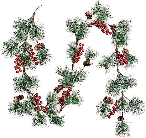DearHouse 6FT Berry Christmas Garland with Pine Needles Berries Pinecones Winter Artificial Green... | Amazon (US)