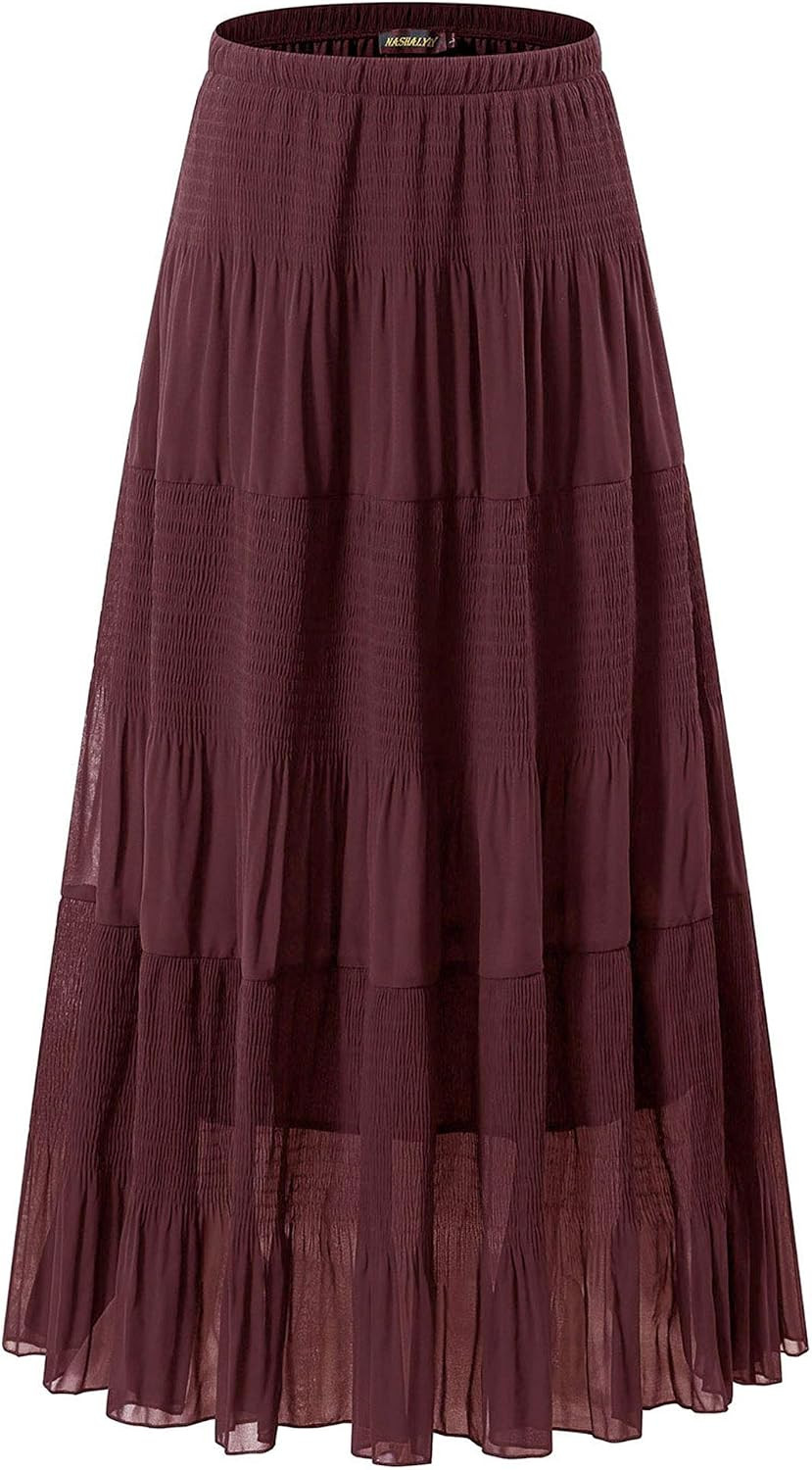 Women's Chiffon Elastic High Waist Pleated A-Line Maxi Skirts | Amazon (US)