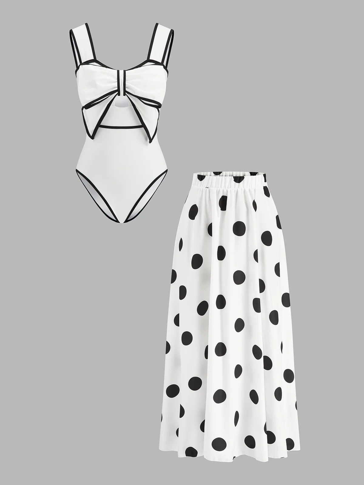 Bow Detail One Piece Swimsuit & Polka Dot Skirt Set | Commense