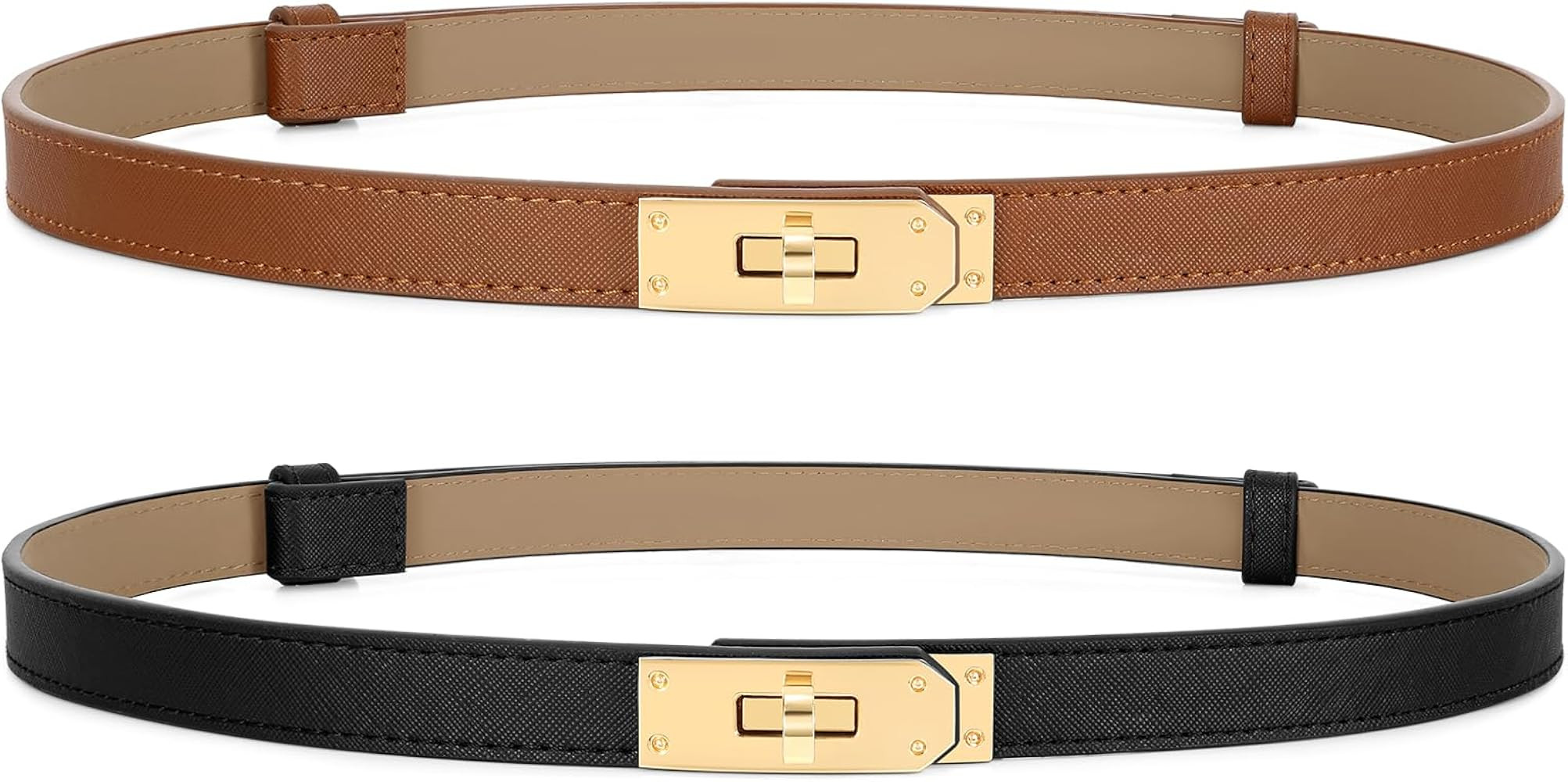 Women Skinny Leather Belt for Dresses Jeans Solid Color Alloy Turn Lock 2 Pack | Amazon (US)