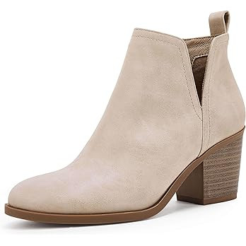 Coutgo Womens Cut Out Ankle Boots Chunky Stacked Heel Almond Toe Slip on Western Booties | Amazon (US)