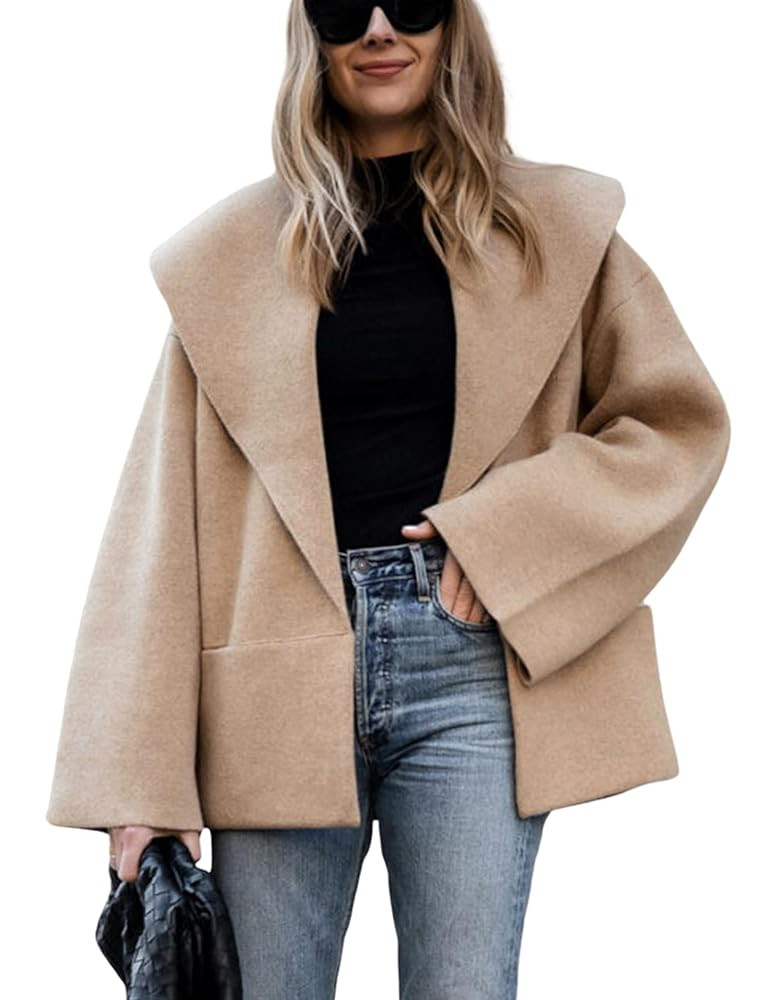 Hooever Women's Cropped Pea Coats Oversized Sweater Cardigan Lapel Open Front Fall Winter Shawl C... | Amazon (US)