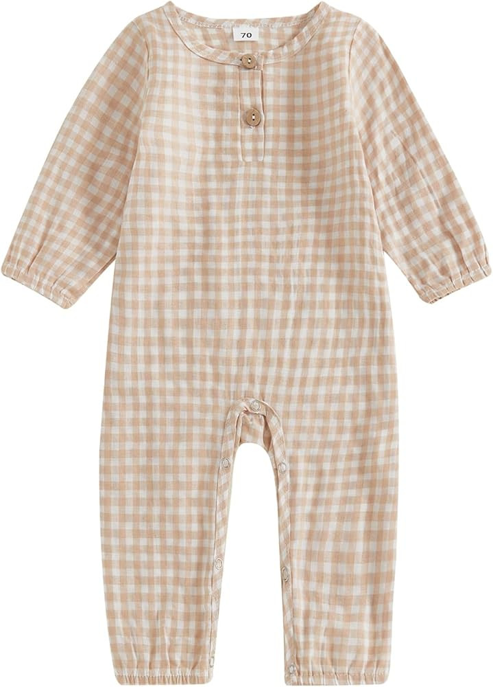 Baby Boy Girl Gingham Jumpsuit Long Sleeve Plaid Romper Button Playsuit Unisex Fall Casual One Pi... | Amazon (US)