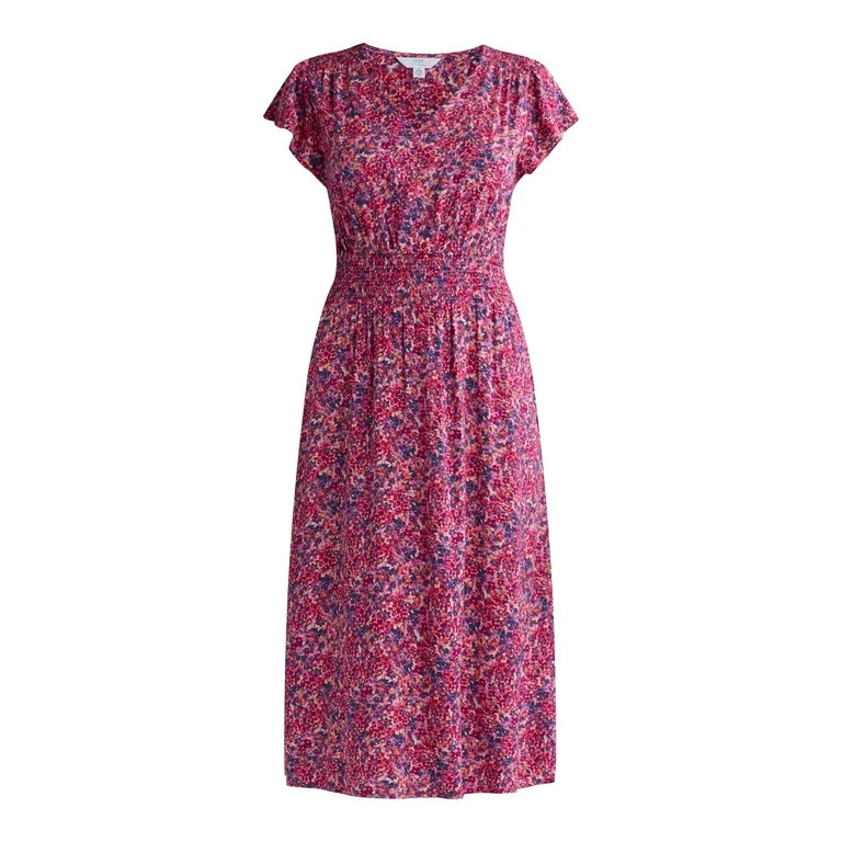 Time and Tru Women's and Women's Plus Smocked Waist Midi Dress with Short Sleeves, Sizes XS-4X | Walmart (US)