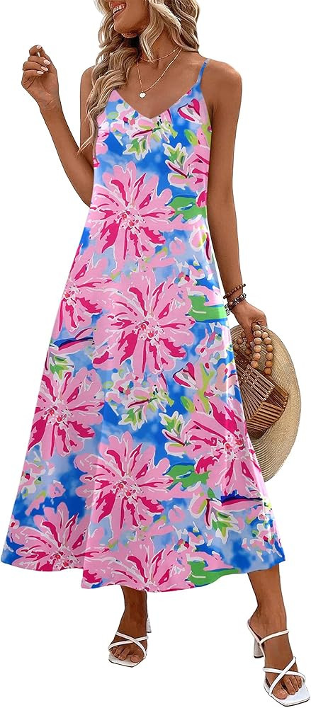 Zeagoo Womens Summer Maxi Dress Spaghetti Strap Casual Printed Dress Boho Floral Beach Sundress, | Amazon (US)