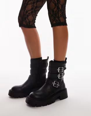 Topshop Wide Fit Luke chunky biker boots with buckle detail in black | ASOS (Global)