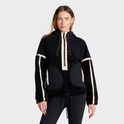 Women's Contrast High Pile 1/2 Zip Jacket - JoyLab™ Black/Tan XL | Target