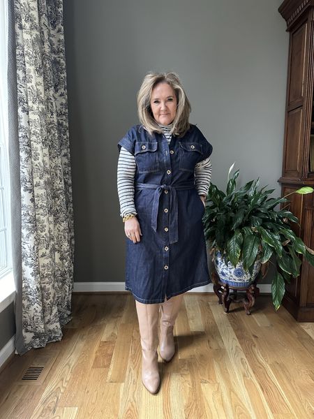Denim dress that will be great for spring summer. But I sure it today layered. 
Wearing a large. 
Looked great with the boots a pea coat  

#LTKover40 #LTKmidsize #LTKstyletip