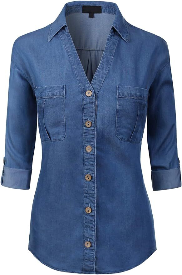 MixMatchy Women's Long Sleeve Solid Split Neck Tencel Button Down Shirt Blouse       Add to Logie | Amazon (US)