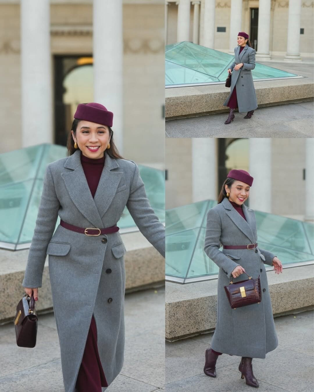 Elegant winter outfit ❤️ Pillbox hat

Bag: Ateliers Auguste - Mini Marly in Burgundy Embossed leather 
💲Discount code: ROZY10

For the burgundy dress, please see instagram post description (rozy__reyes)
- thermal dress is from OGL Move

#LTKSeasonal
