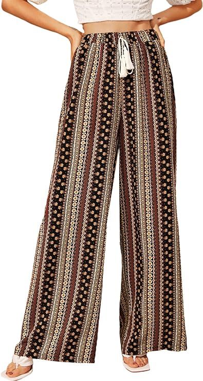 Verdusa Women's Striped Tribal Print Elastic Waist Loose Wide Leg Long Pants | Amazon (US)