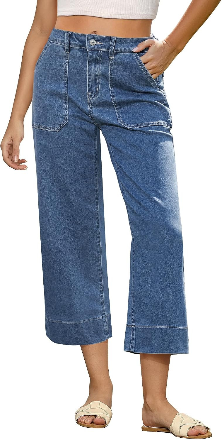 GRAPENT Capri Jeans for Women High Waisted Wide Leg Trendy Strechy Loose Straight Cropped Denim Jeans Pants with Pockets | Amazon (US)