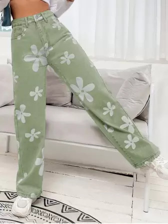 SHEIN EZwear Floral Print Straight Leg Jeans | SHEIN