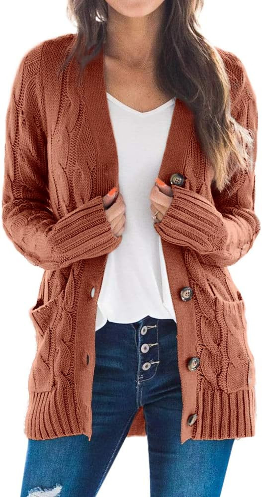 Goranbon Women's Cable Knit Cardigan Long Sleeve Open Front Button Down Knitwear Sweater Coat | Amazon (US)