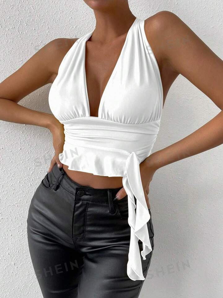 SHEIN Allurite Plunging Neck Ruched Side Ruffle Hem Tie Backless Crop Halter Top | SHEIN USA | SHEIN