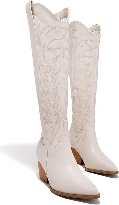 Vertundy Women's Below The Knee Western Boots Pull-On Side Zipper Cowboy Boots Embroidered Block ... | Amazon (US)