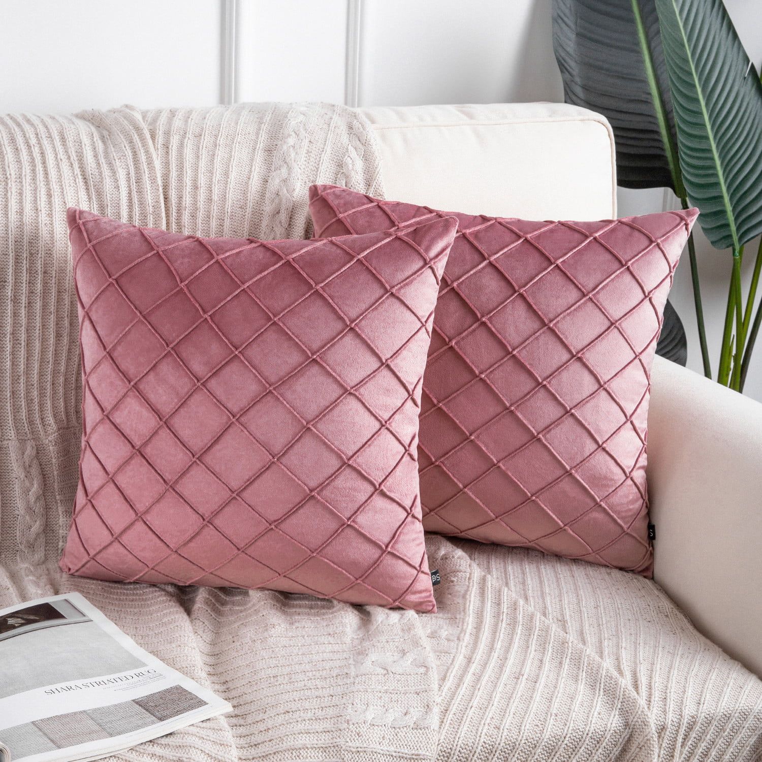 Phantoscope Velvet Series Pleated Checker Decorative Throw Pillow, 18" x 18", Pink, 2 Pack - Walm... | Walmart (US)