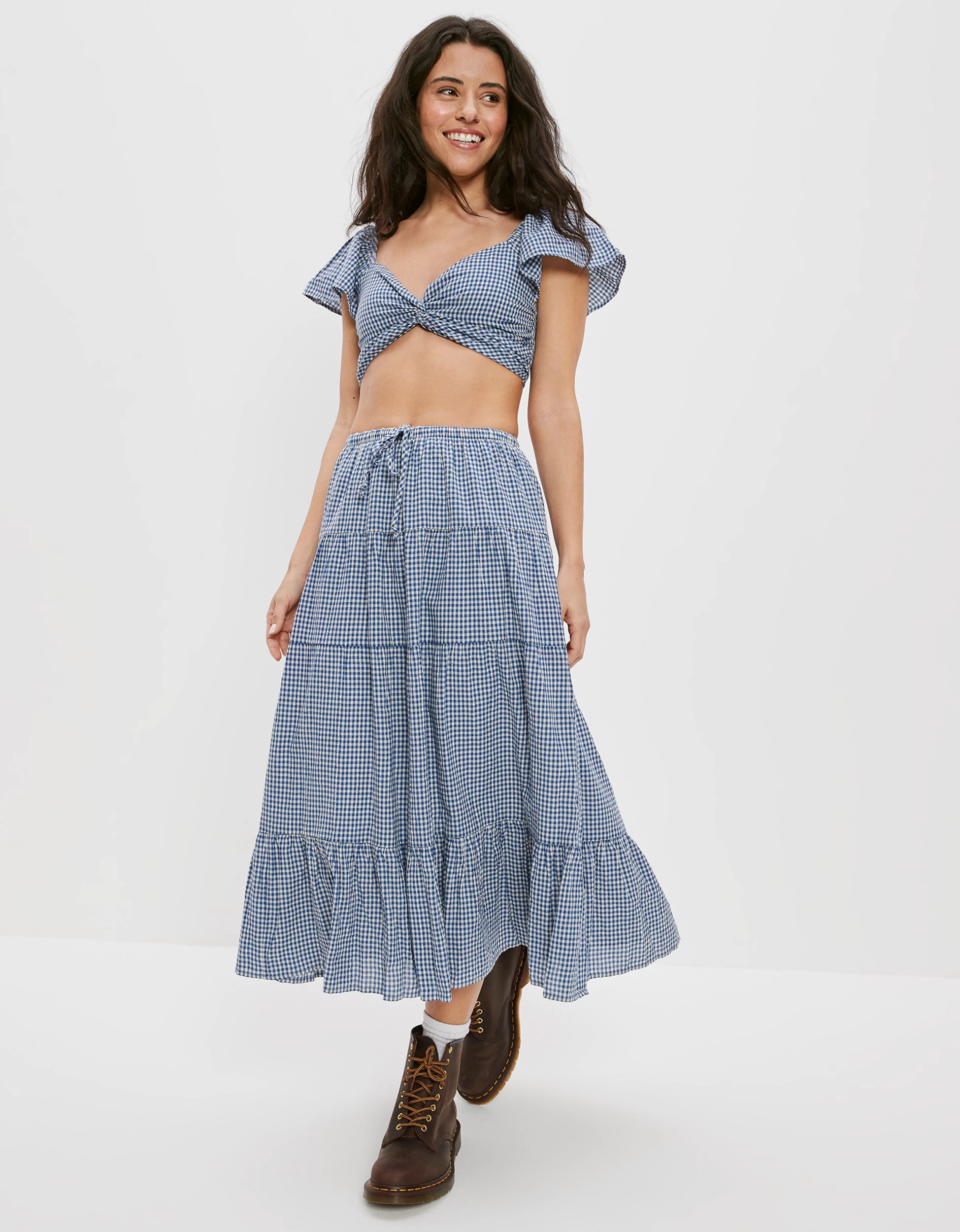 AE Gingham Tiered Midi Skirt | American Eagle Outfitters (US & CA)