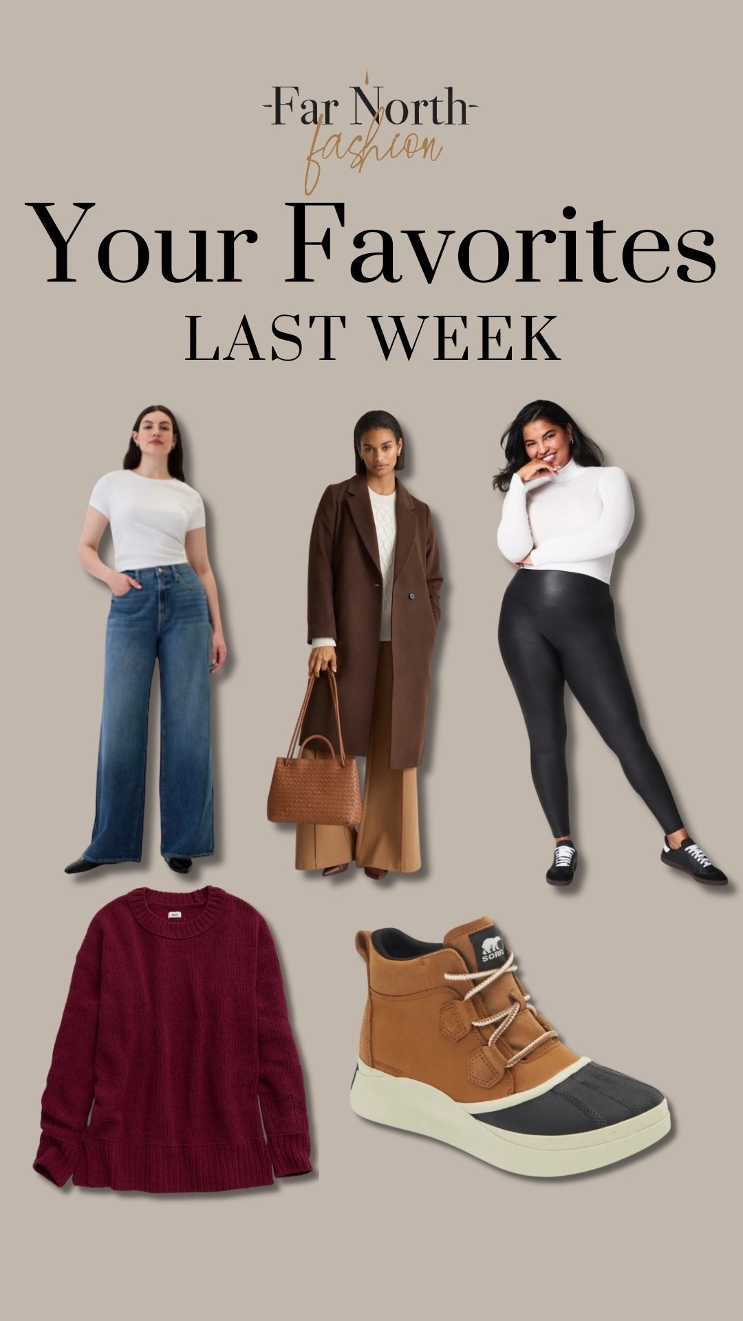 Last week’s best sellers:
1. Sorel Out N About Boots
2. Aerie crew sweater
3. Quince wool coat
4. GAP Factory wide leg jeans
5. Spanx fleece lined faux leather leggings

#LTKSeasonal #LTKSaleAlert #LTKOver40