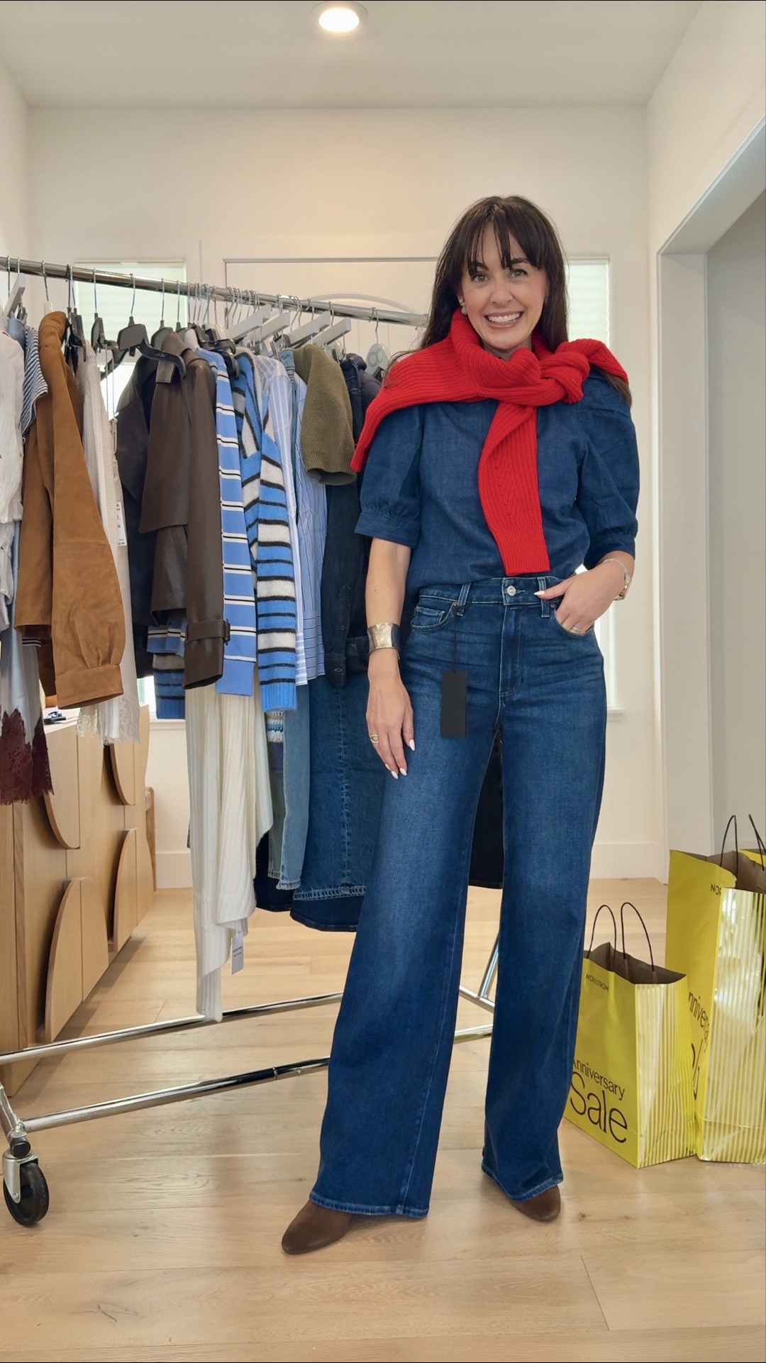 I have a feeling this is going to be my most worn outfit on the Nordstrom anniversary sale. These are the jeans I’ve been wearing for six weeks solid and the light wash and they are on sale and dark denim. When I pair them with this puff sleeve FRAME inspired blouse it becomes an outfit base that works with anything I can think of over it!