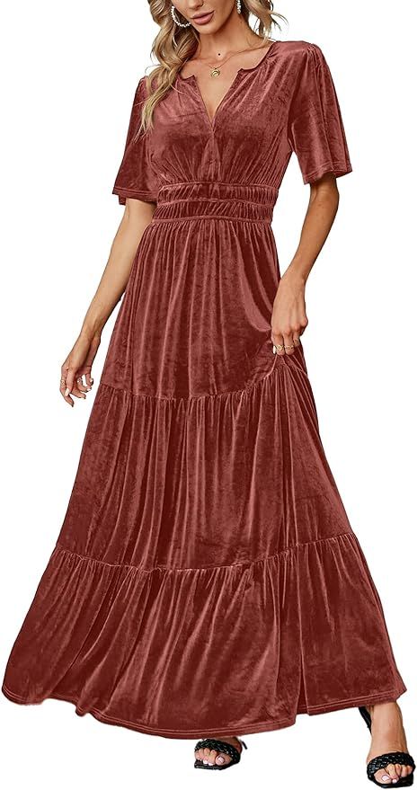 Amegoya Women's Velvet Short Sleeve V Neck Formal Wedding Guest Maxi Dresses Fall Evening Party L... | Amazon (US)
