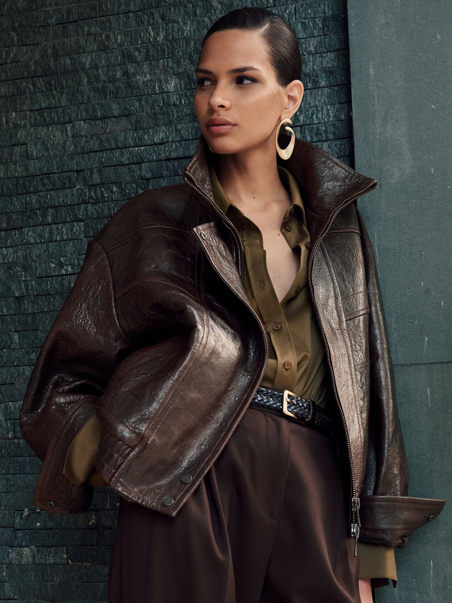 Reiss Textured Leather Oversized Jacket in Aubergine - REISS | Reiss UK