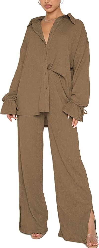 LYANER Women's 2 Piece Outfits Button Down Long Sleeve Shirt and Wide Leg Pants Set | Amazon (US)