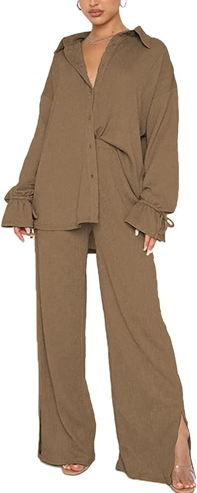 LYANER Women's 2 Piece Outfits Button Down Long Sleeve Shirt and Wide Leg Pants Set | Amazon (US)
