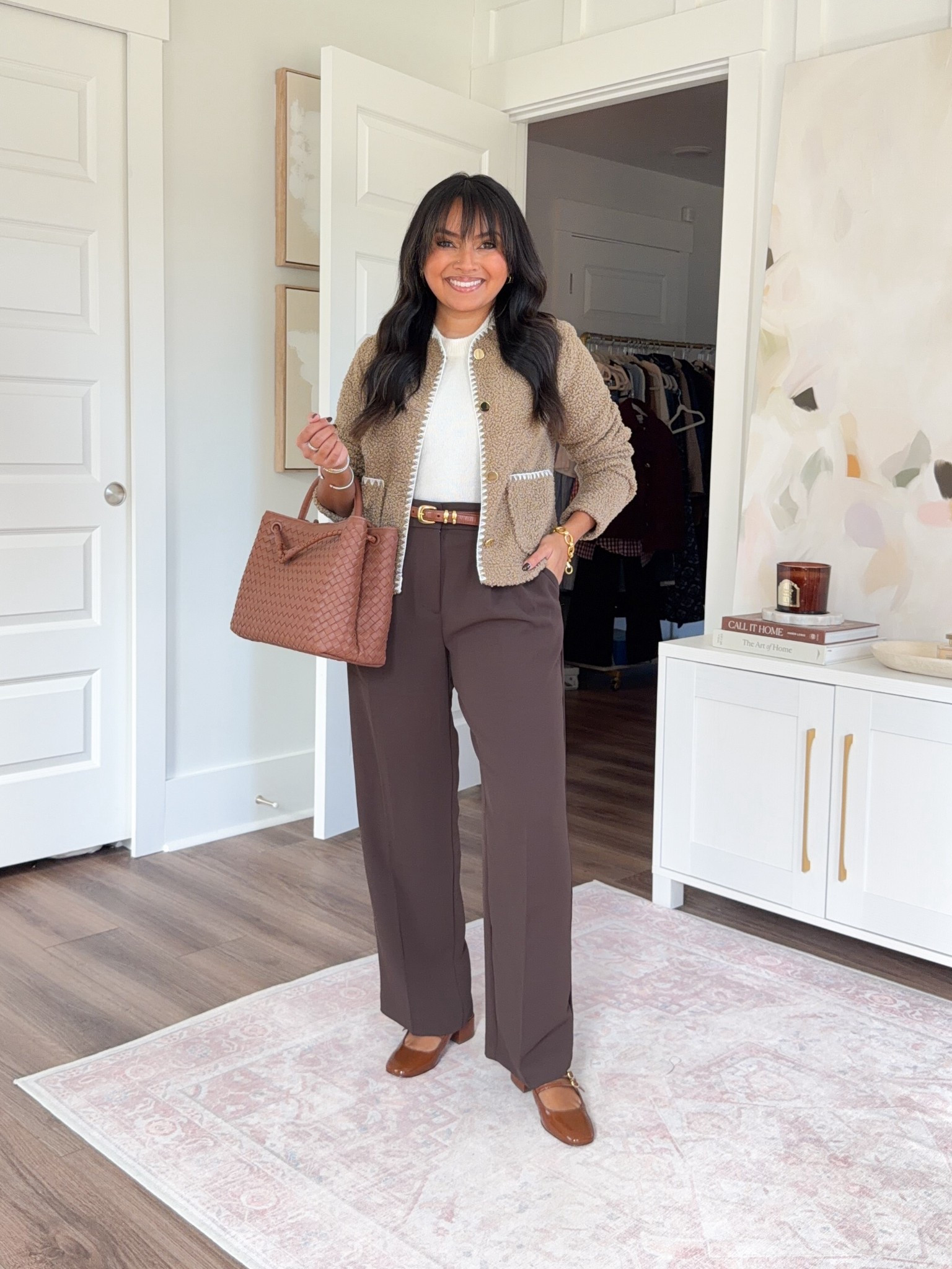 Cream ivory sweater size xxs TTS
Tan aged teak sherpa jacket size xxs TTS
Brown pants size 2 petite TTS
Brown belt size small TTS
Brown mary jane heels size 5 TTS

#LTKWorkwear #LTKSaleAlert #LTKPetite