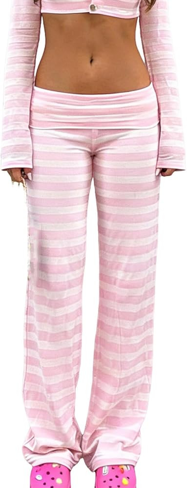 Franhais Womens Striped Foldover Pants Y2K Low Waist Wide Leg Yoga Pants Color Block Stretchy Lou... | Amazon (US)