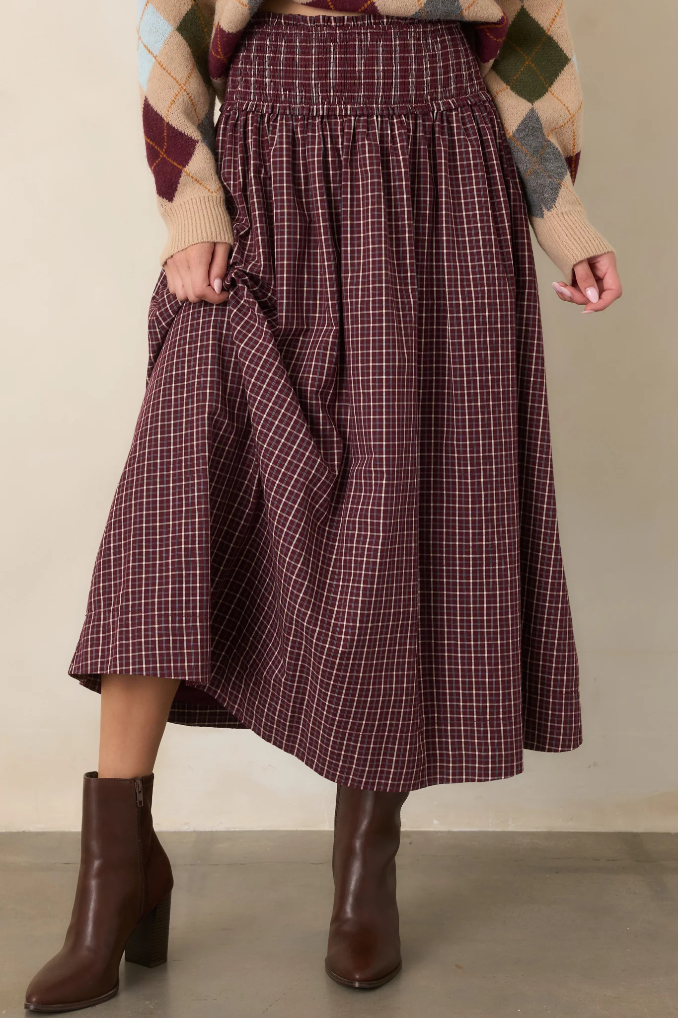 Taken Into Account Burgundy Plaid Cotton Maxi Skirt | Red Dress