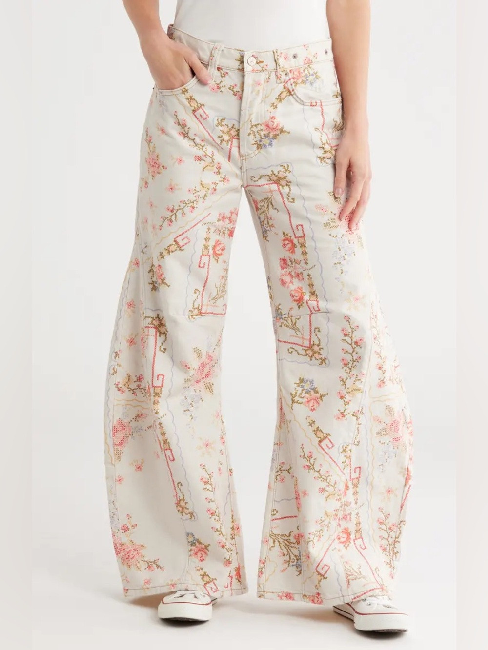Free\u200e People Eden Printed High Slouchy Flare Jeans Cross Stitch Floral Size 31 | Poshmark